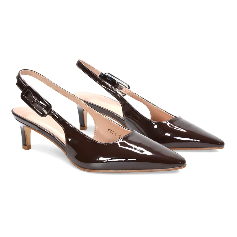 Kelly Low Kitten Heel Slingback Pointed Toe Court Shoes in Brown Patent made by XYlondon