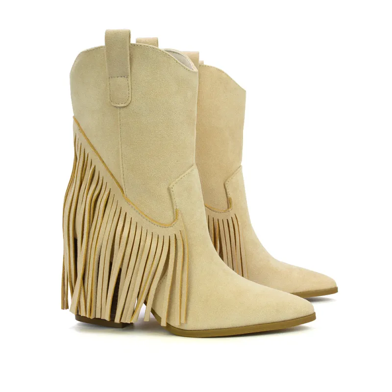 Nova Pointed Toe Fringe Western Ankle Cowboy Boots for Women in Beige Microfibre made by XYlondon