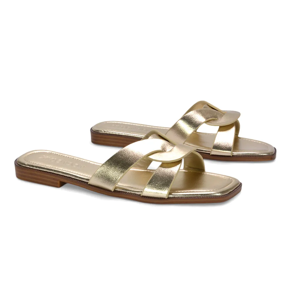 Amalie Women’s Flat Slip-On Slider Sandals for Summer in Gold Metallic sold by XYlondon