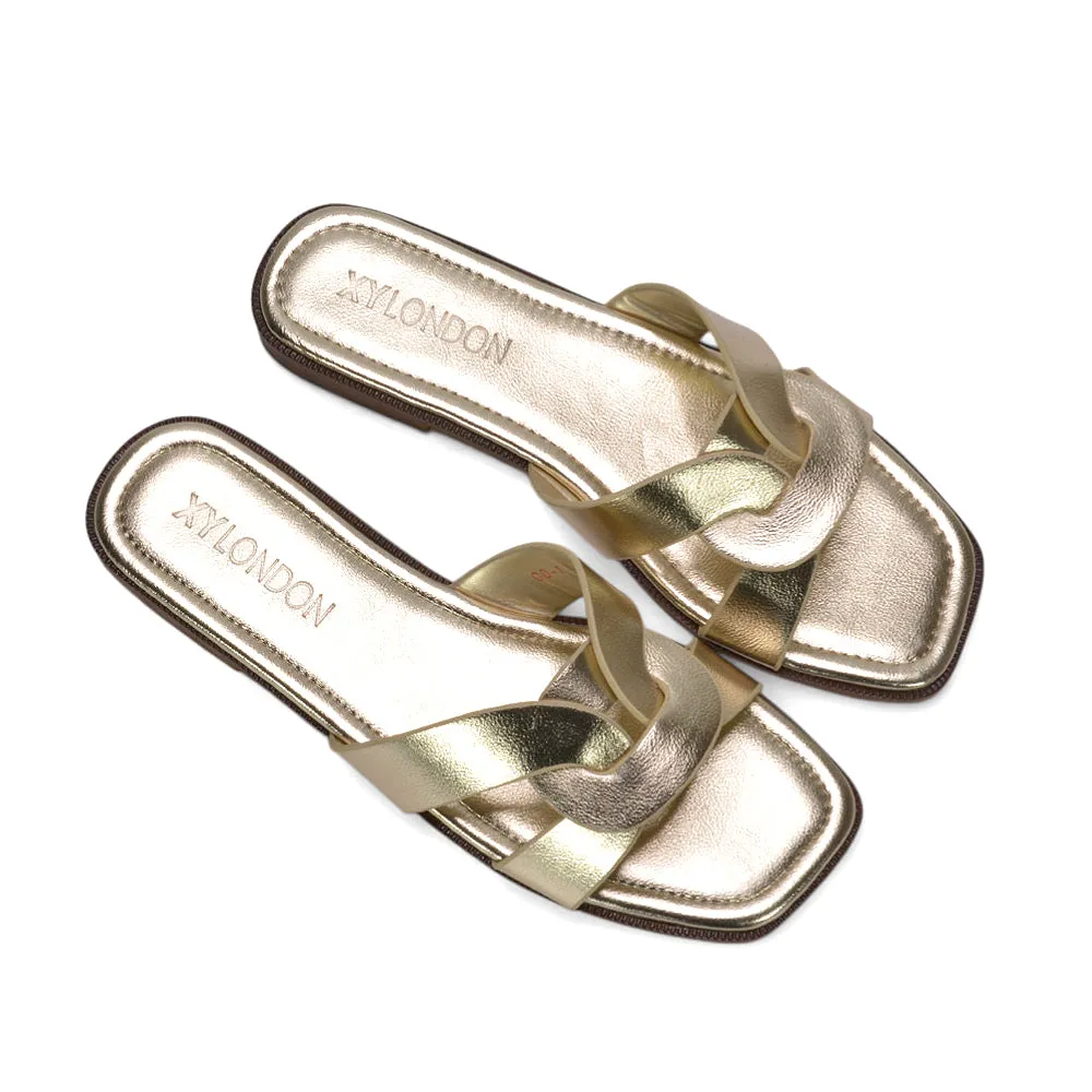 Amalie Women’s Flat Slip-On Slider Sandals for Summer in Gold Metallic sold by XYlondon product image thumbnail 2