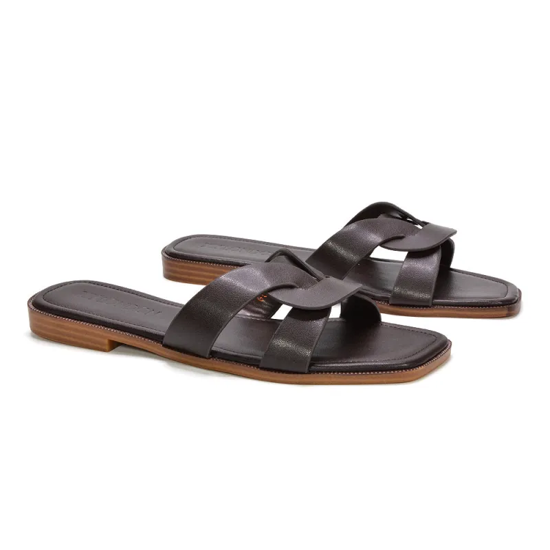 Amalie Women’s Flat Slip-On Slider Sandals for Summer in Brown Synthetic Leather sold by XYlondon