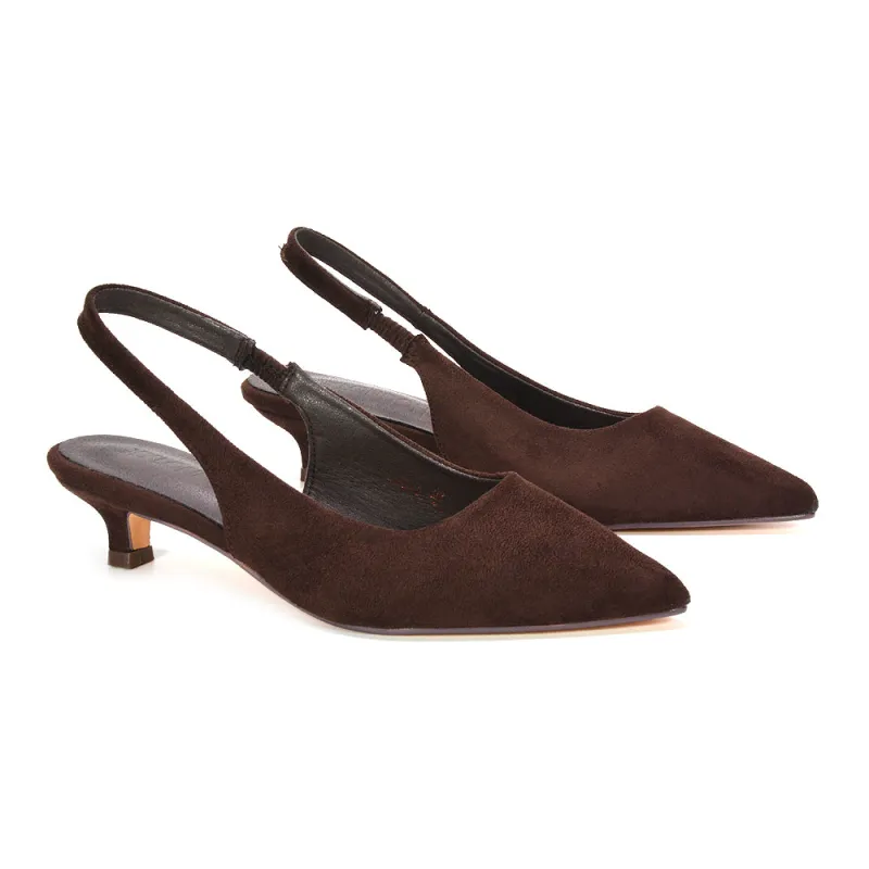 Morgan Pointed Toe Slingback Kitten Heel Court Shoes in Brown Faux Suede made by XYlondon