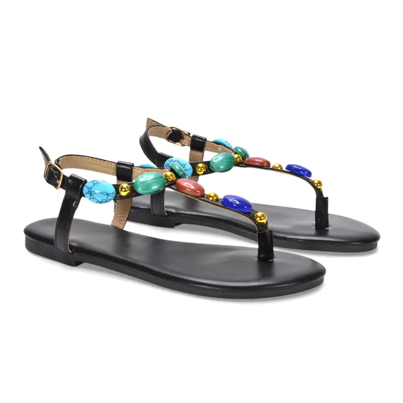 Oceana Embellished T-Bar Toe Post Flat Sandals with Jewel Stone Detail in Black made by XYlondon