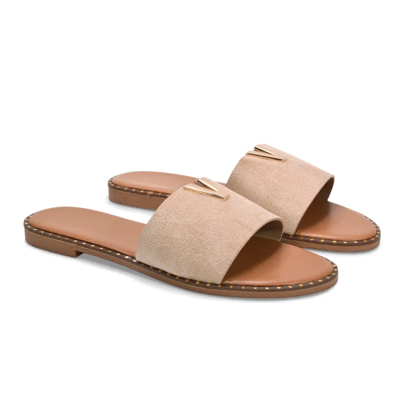 Rorie Flat Sandals Gold Trim Detail Slip On Holiday Sliders in Taupe Faux Suede made by XYlondon