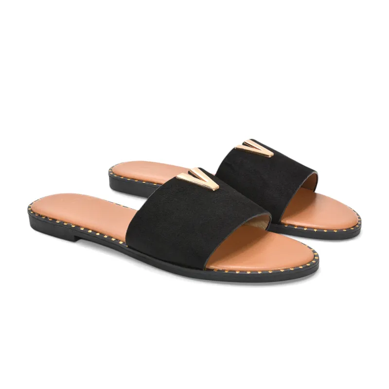 Rorie Flat Sandals Gold Trim Detail Slip On Holiday Sliders in Black Faux Suede made by XYlondon
