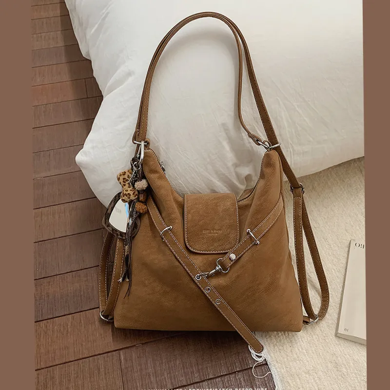 Elissa Slouchy Shoulder Strap Tote Bag With Keychain Charm in Tan sold by XYlondon