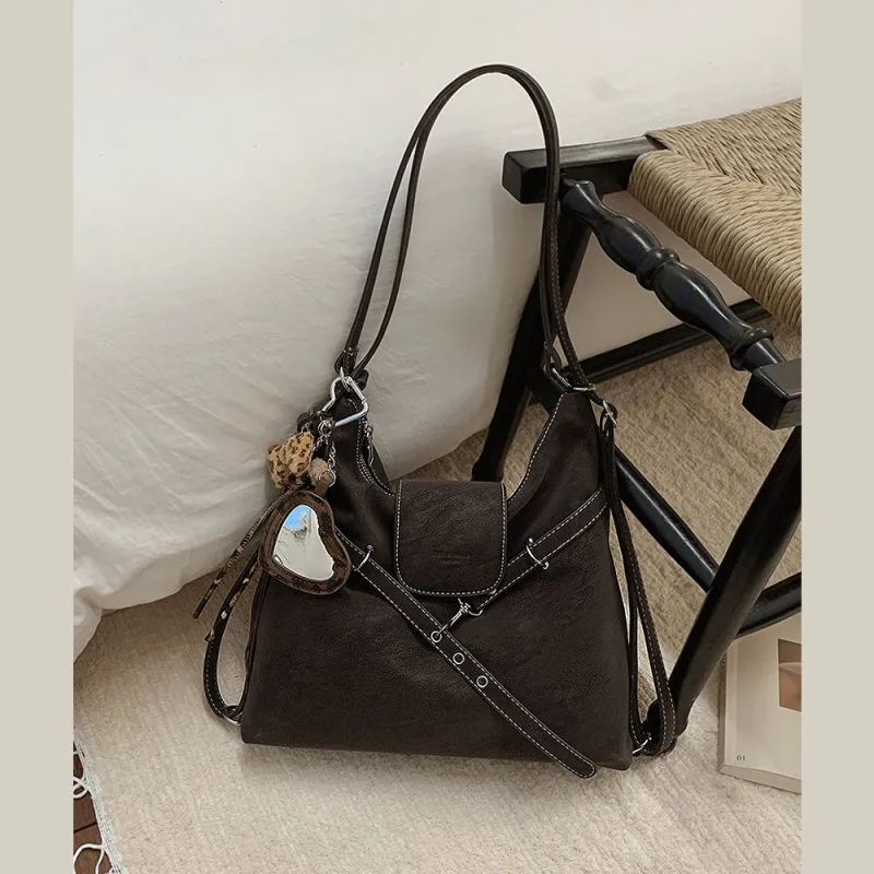 Elissa Slouchy Shoulder Strap Tote Bag With Keychain Charm in Brown made by XYlondon