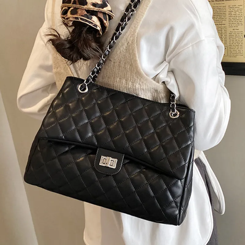Elaine Women's Quilted Flap Shoulder Bag With Chain Strap in Black made by XYlondon