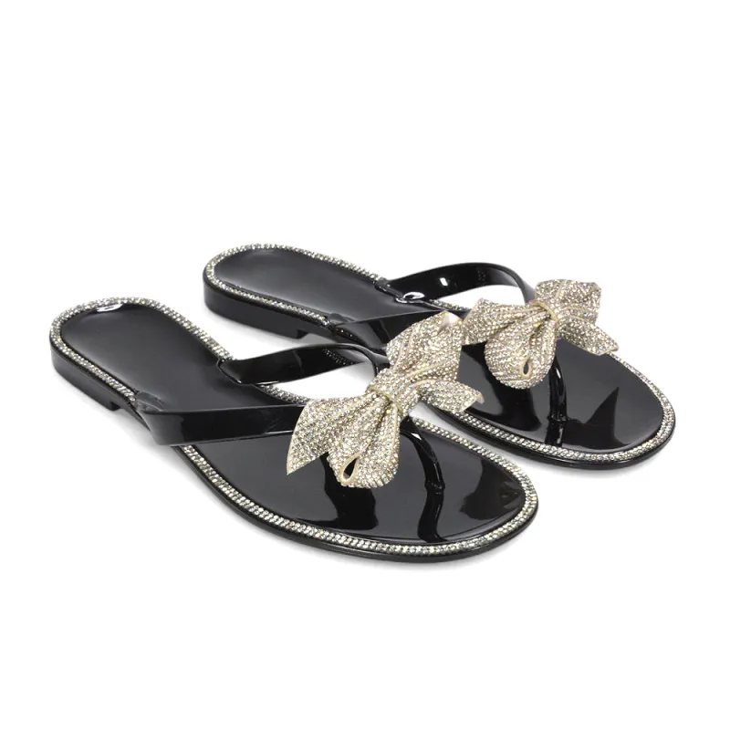 Allie Diamante Bow Flat Jelly Slip On Flip Flop Sandals in Black made by XYlondon