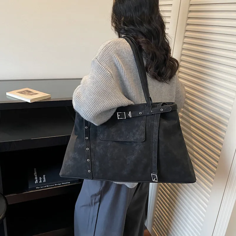 Hadley Women's Large Shoulder Double Belted Tote Bag in Black made by XYlondon