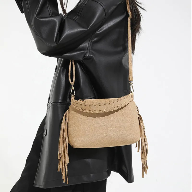 Vivienne Western Fringe Side Tassel Crossbody Bag With Shoulder Strap in Beige made by XYlondon