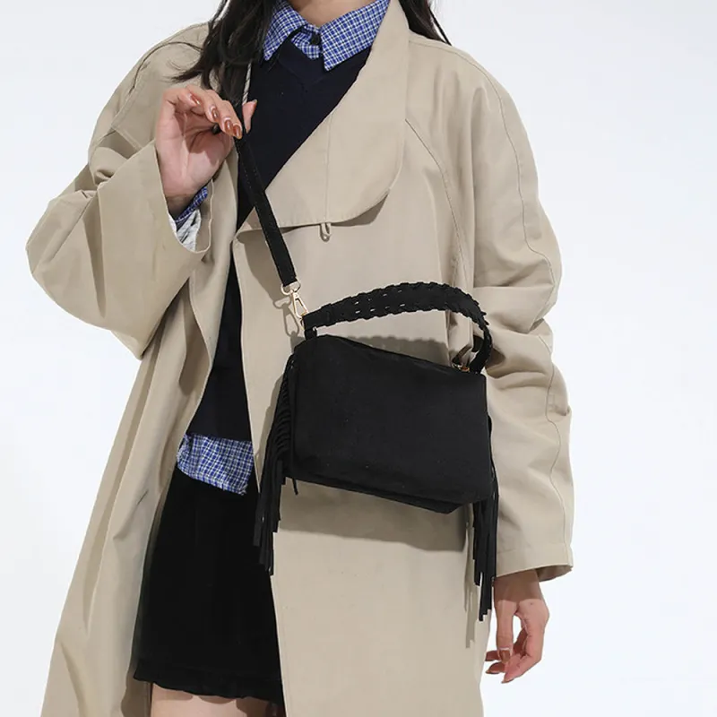 Vivienne Western Fringe Side Tassel Crossbody Bag With Shoulder Strap in Black made by XYlondon