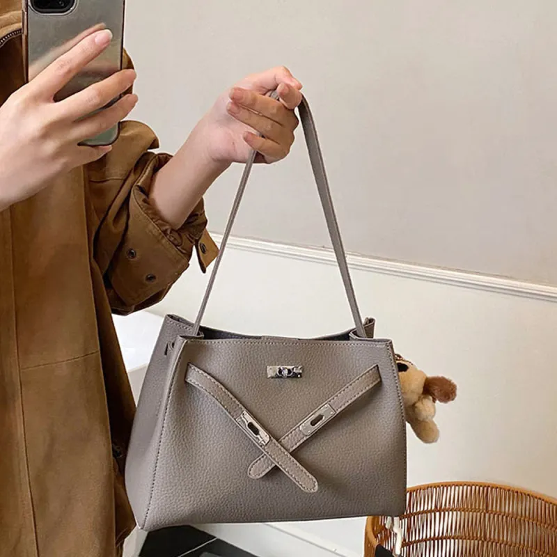 Lux Women's Belted Shoulder Tote Bag With Charm in Khaki made by XYlondon