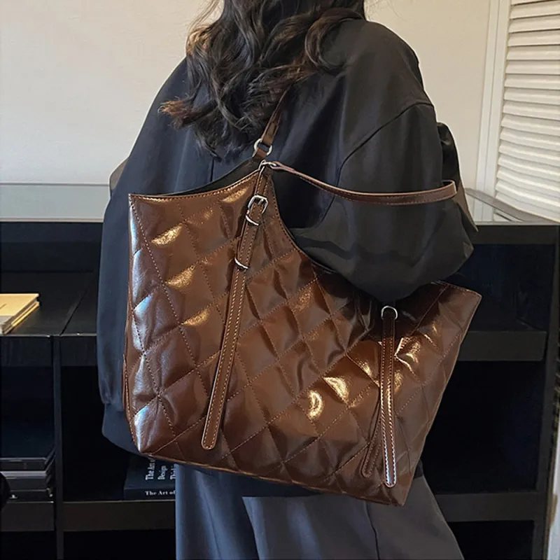 Magnolia Women's Quilted Wet look Tote Bag with Handle in Brown made by XYlondon