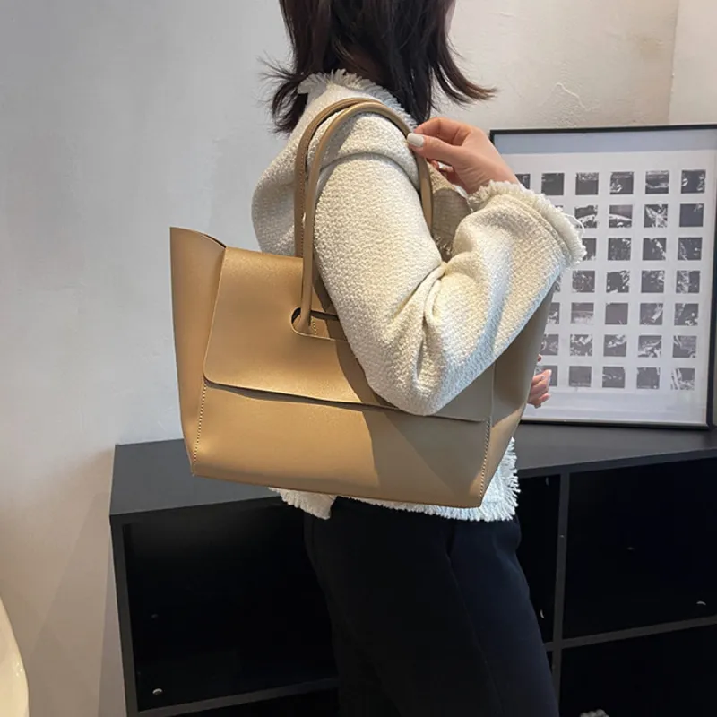 Indie Faux Leather Flap over Handle Shoulder Tote Bag in Khaki made by XYlondon