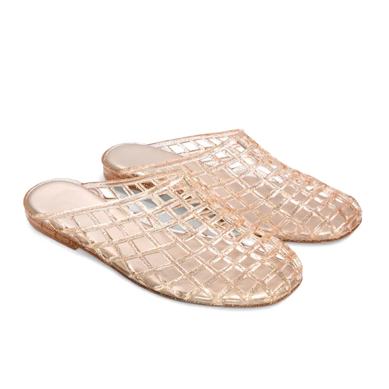 Ophelia Slip On Cage Jelly Mule Flat Summer Sandals in Gold made by XYlondon