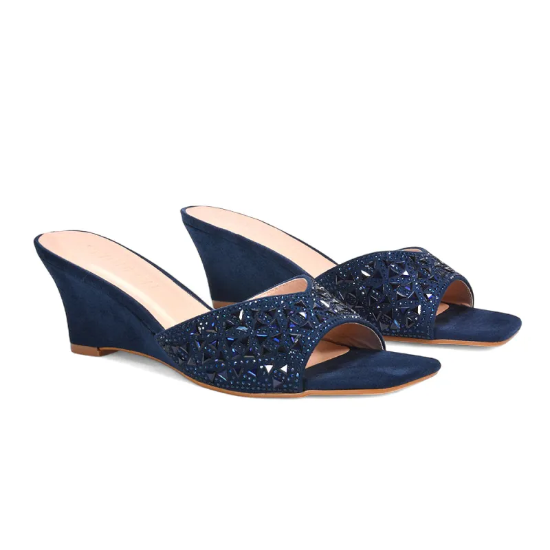 Maddi Square Toe Diamante Jewel Wedge Heel Sandal Mules in Navy made by XYlondon