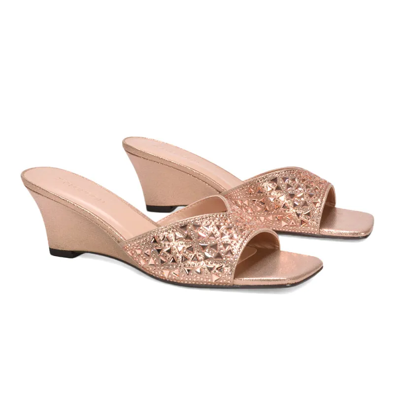 Maddi Square Toe Diamante Jewel Wedge Heel Sandal Mules in Gold made by XYlondon