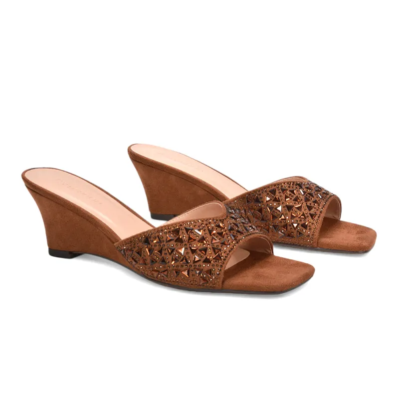 Maddi Square Toe Diamante Jewel Wedge Heel Sandal Mules in Brown made by XYlondon