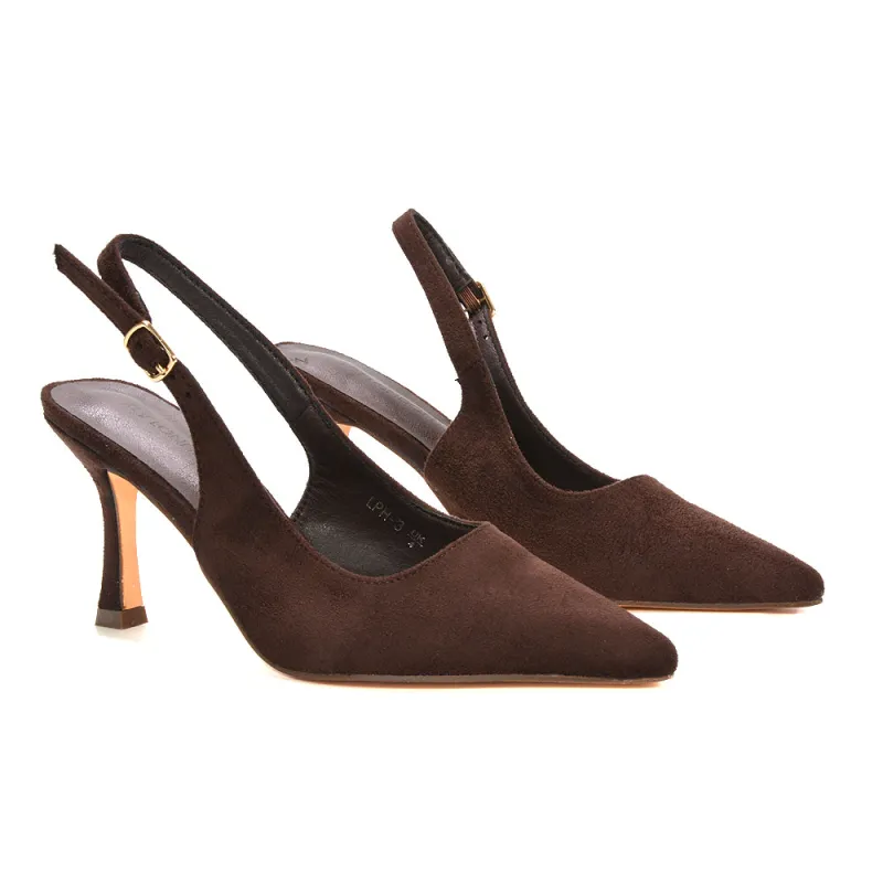 Valerie Stiletto High Heel Closed Toe Slingback Court Shoes in Brown Faux Suede made by XYlondon