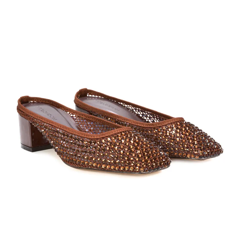 Brook Diamante Crystal Mesh Square Toe Court Shoe Mule Block Heels in Brown made by XYlondon