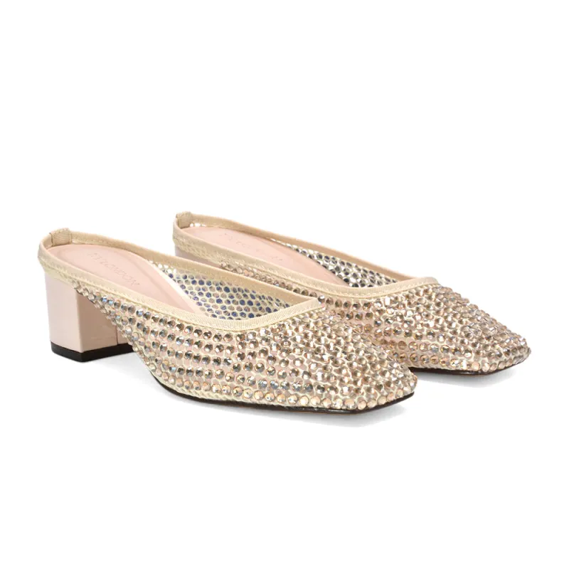 Brook Diamante Crystal Mesh Square Toe Court Shoe Mule Block Heels in Beige made by XYlondon