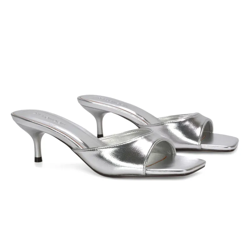 Katherine Square Toe Stiletto Kitten Heel Mule Sandals in Silver Metallic made by XYlondon