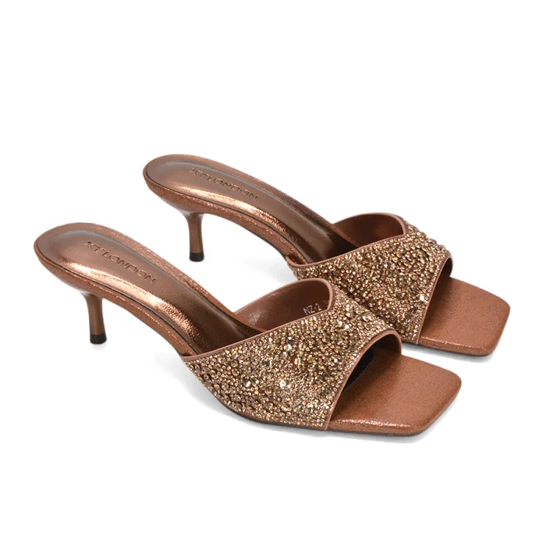 Ottilie Crystal Embellished Sparkly Kitten Heeled Sandal Mules in Bronze made by XYlondon