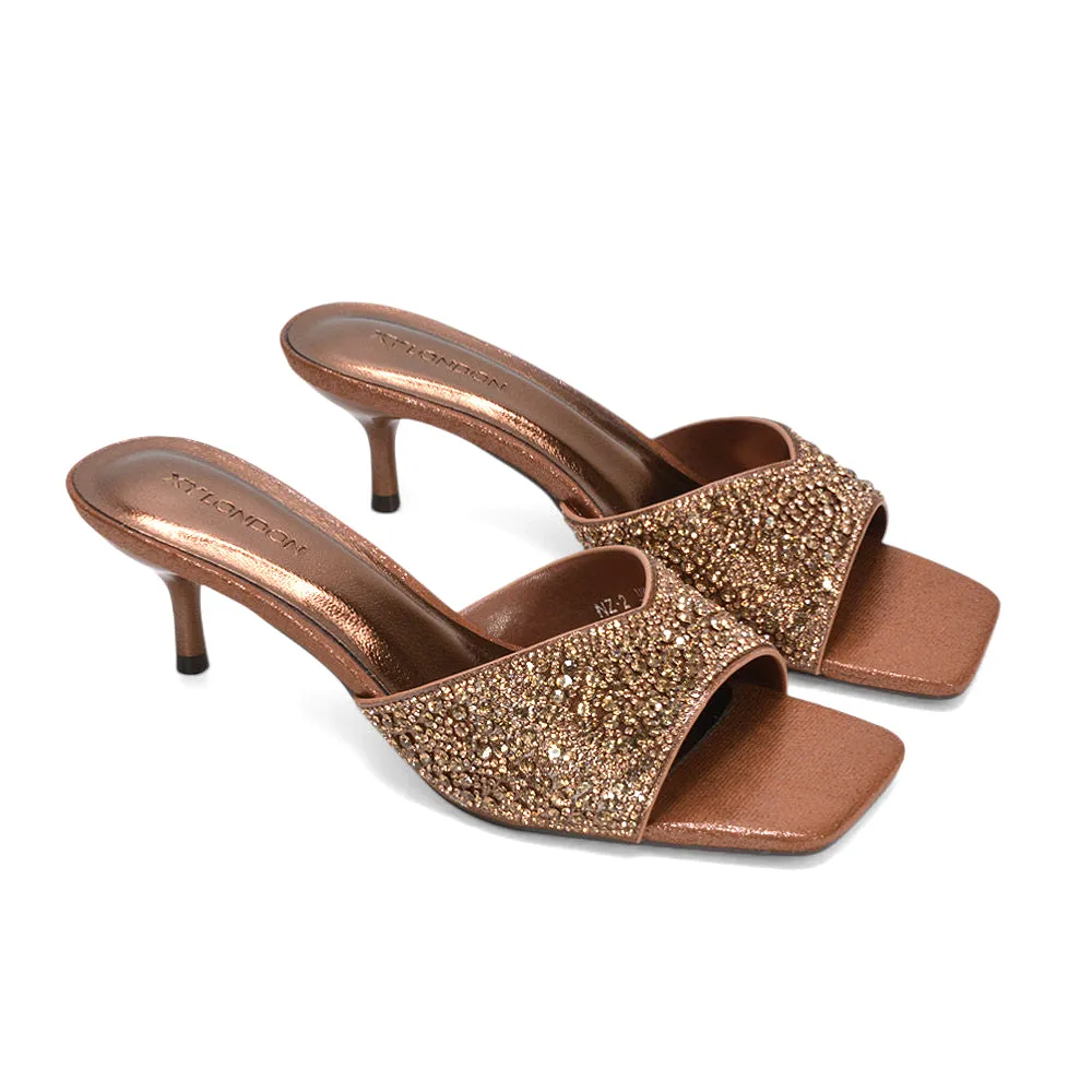 Ottilie Crystal Embellished Sparkly Kitten Heeled Sandal Mules in Bronze sold by XYlondon