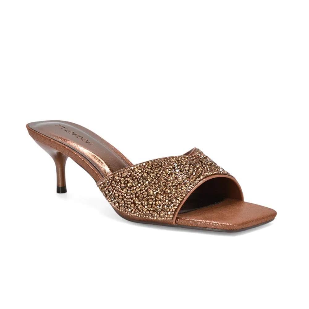 Ottilie Crystal Embellished Sparkly Kitten Heeled Sandal Mules in Bronze sold by XYlondon product image thumbnail 4