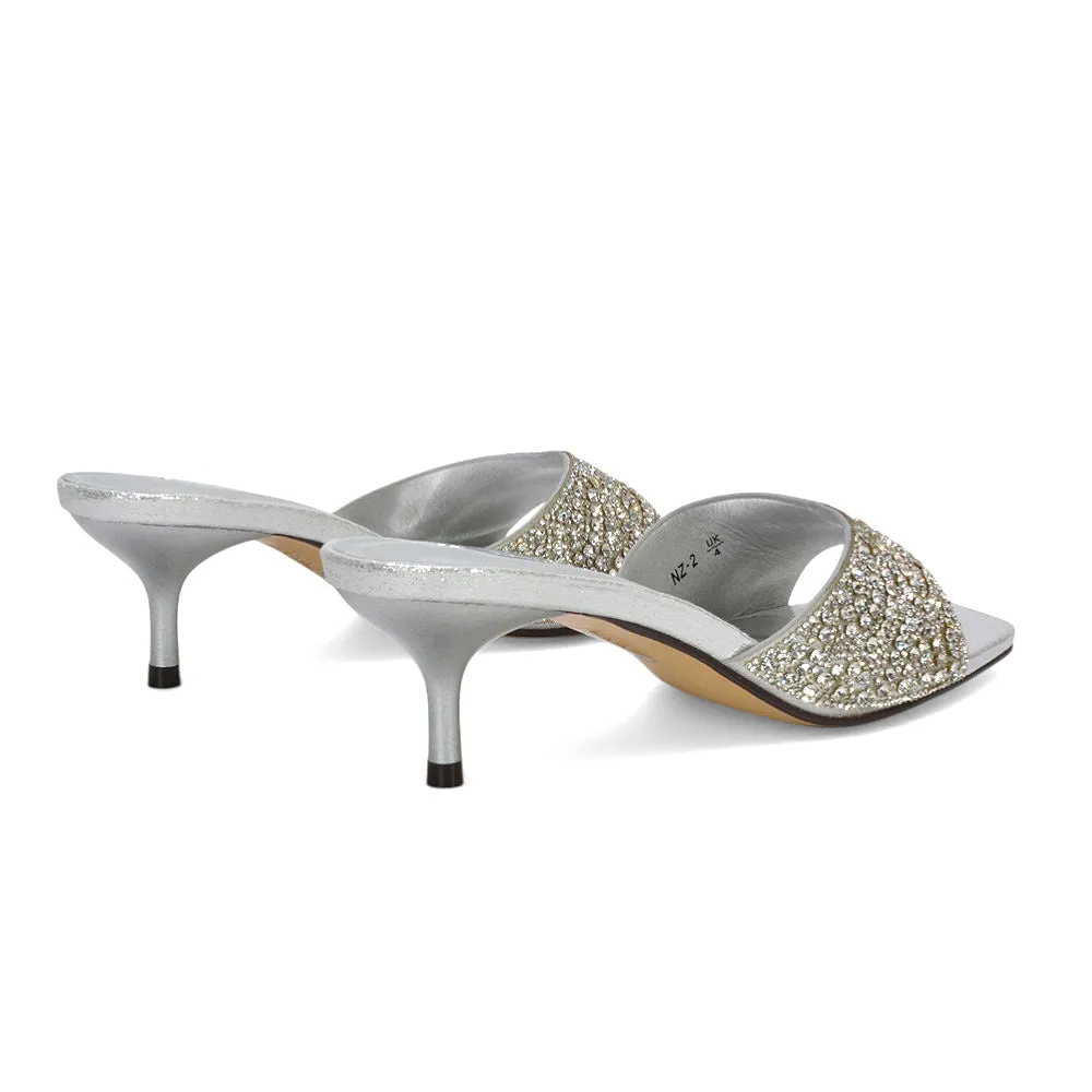 Ottilie Crystal Embellished Sparkly Kitten Heeled Sandal Mules in Silver sold by XYlondon product image thumbnail 2