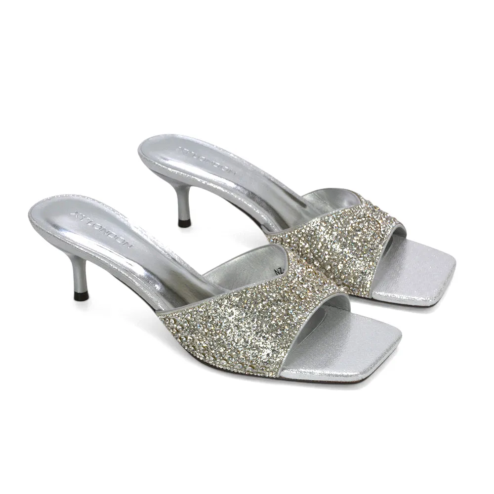 Ottilie Crystal Embellished Sparkly Kitten Heeled Sandal Mules in Silver sold by XYlondon