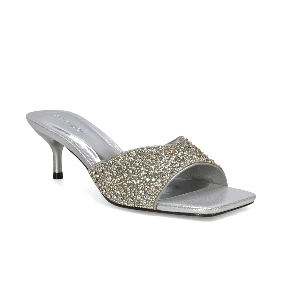 Ottilie Crystal Embellished Sparkly Kitten Heeled Sandal Mules in Silver sold by XYlondon product image thumbnail 3