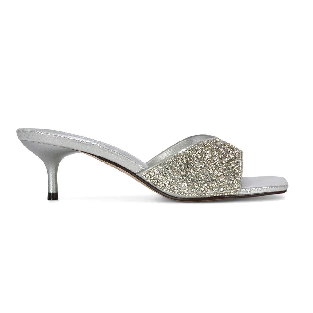Ottilie Crystal Embellished Sparkly Kitten Heeled Sandal Mules in Silver sold by XYlondon product image thumbnail 5