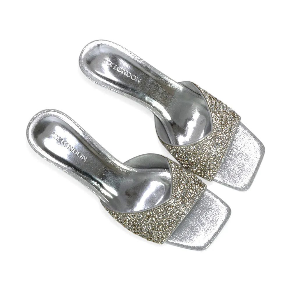 Ottilie Crystal Embellished Sparkly Kitten Heeled Sandal Mules in Silver sold by XYlondon product image thumbnail 4
