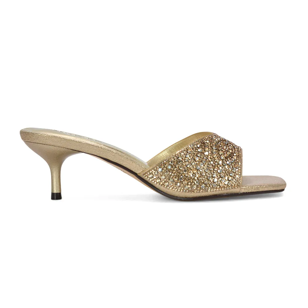 Ottilie Crystal Embellished Sparkly Kitten Heeled Sandal Mules in Gold sold by XYlondon product image thumbnail 4