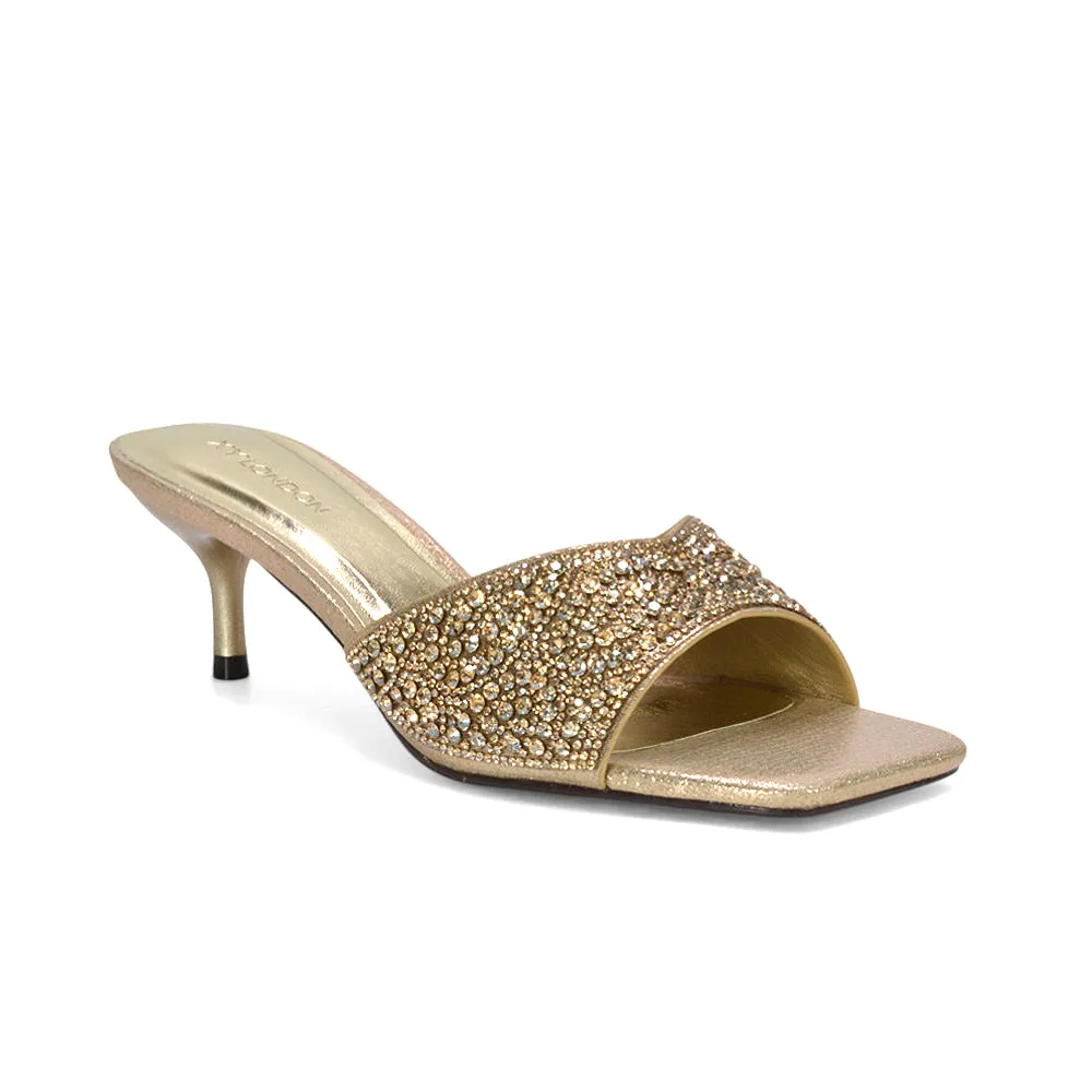 Ottilie Crystal Embellished Sparkly Kitten Heeled Sandal Mules in Gold sold by XYlondon product image thumbnail 3