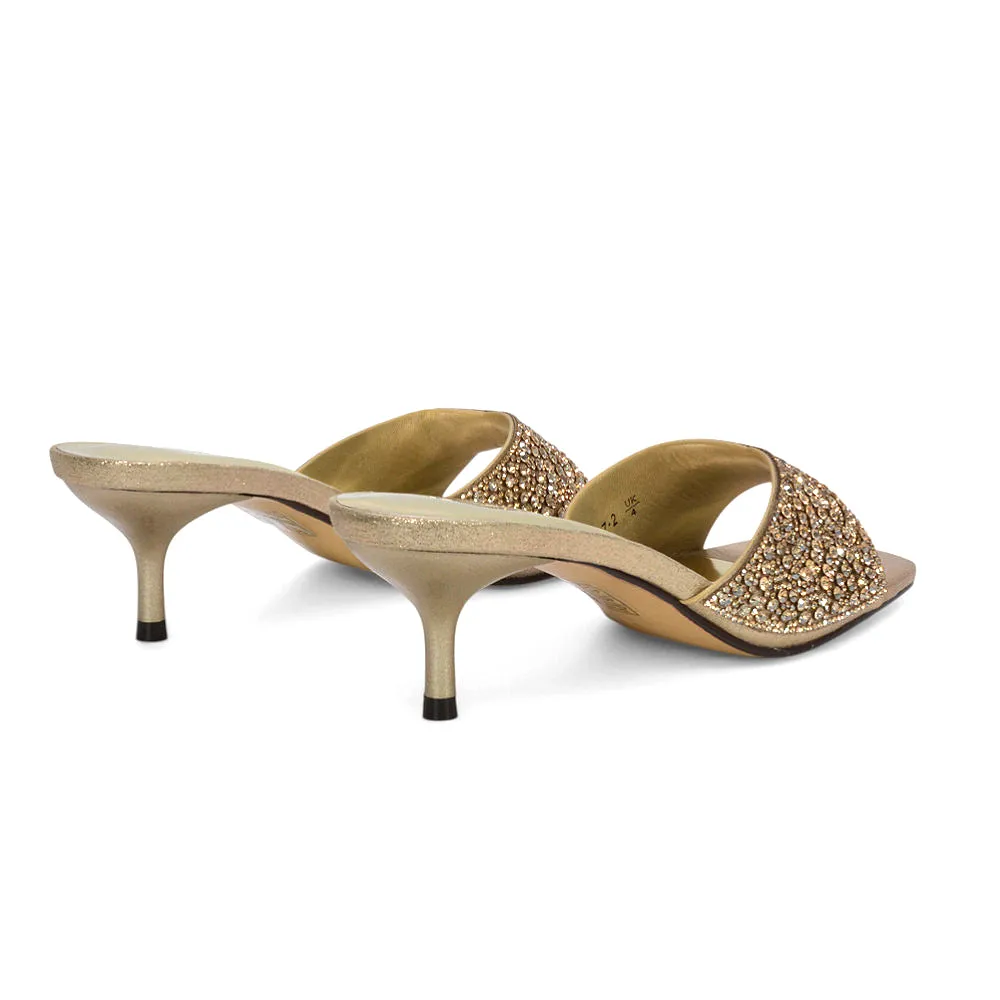 Ottilie Crystal Embellished Sparkly Kitten Heeled Sandal Mules in Gold sold by XYlondon product image thumbnail 2