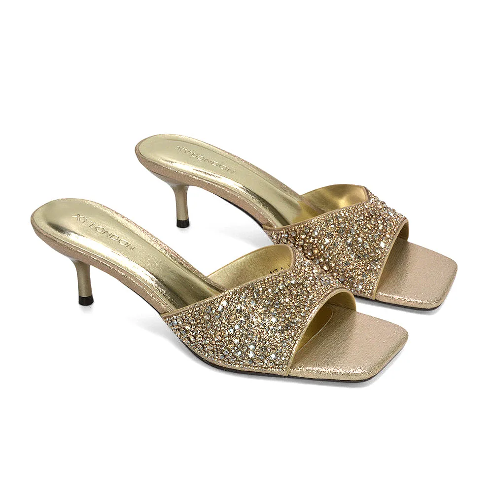 Ottilie Crystal Embellished Sparkly Kitten Heeled Sandal Mules in Gold sold by XYlondon
