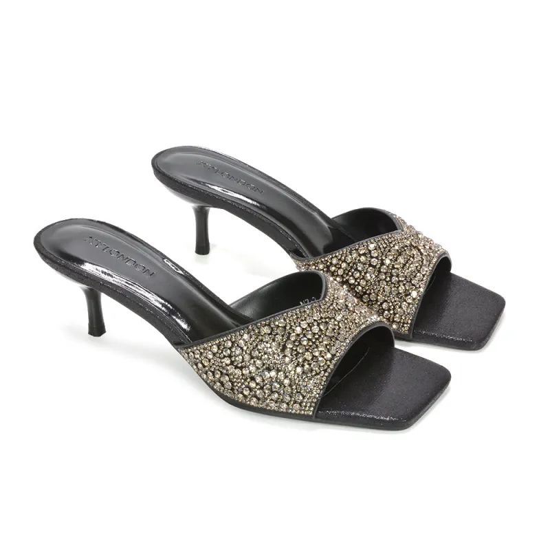 Ottilie Crystal Embellished Sparkly Kitten Heeled Sandal Mules in Black made by XYlondon