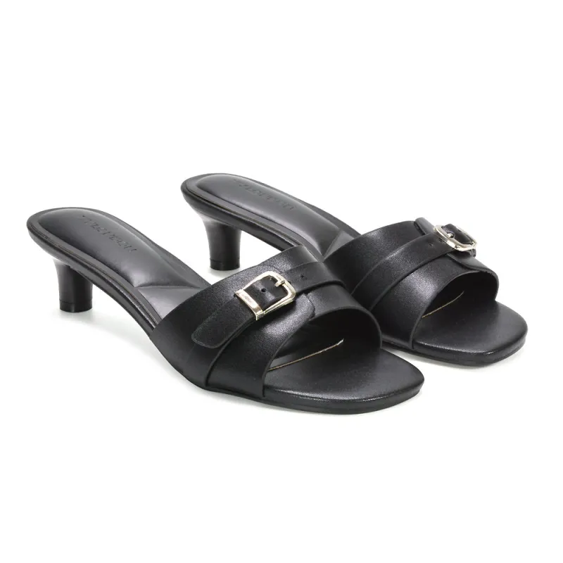 Romee Buckle Strap Slip On Low Kitten Heel Mule Sandals in Black Synthetic Leather made by XYlondon