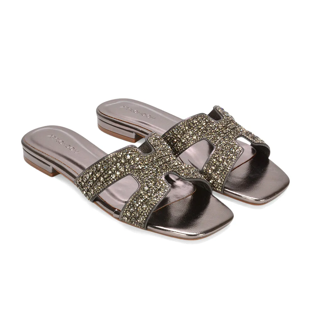Elanie Diamante Slip On Slider Cut Out Strap Flat Holiday Sandals in Pewter Metallic sold by XYlondon product image thumbnail 3