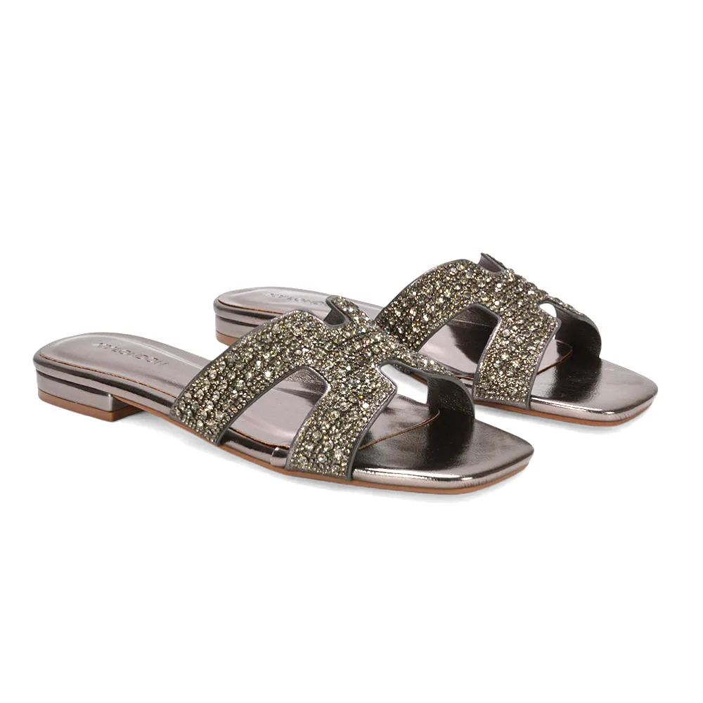 Elanie Diamante Slip On Slider Cut Out Strap Flat Holiday Sandals in Pewter Metallic sold by XYlondon