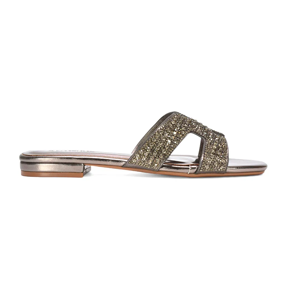 Elanie Diamante Slip On Slider Cut Out Strap Flat Holiday Sandals in Pewter Metallic sold by XYlondon product image thumbnail 5