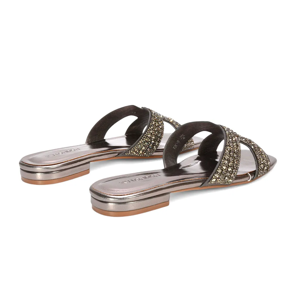 Elanie Diamante Slip On Slider Cut Out Strap Flat Holiday Sandals in Pewter Metallic sold by XYlondon product image thumbnail 4