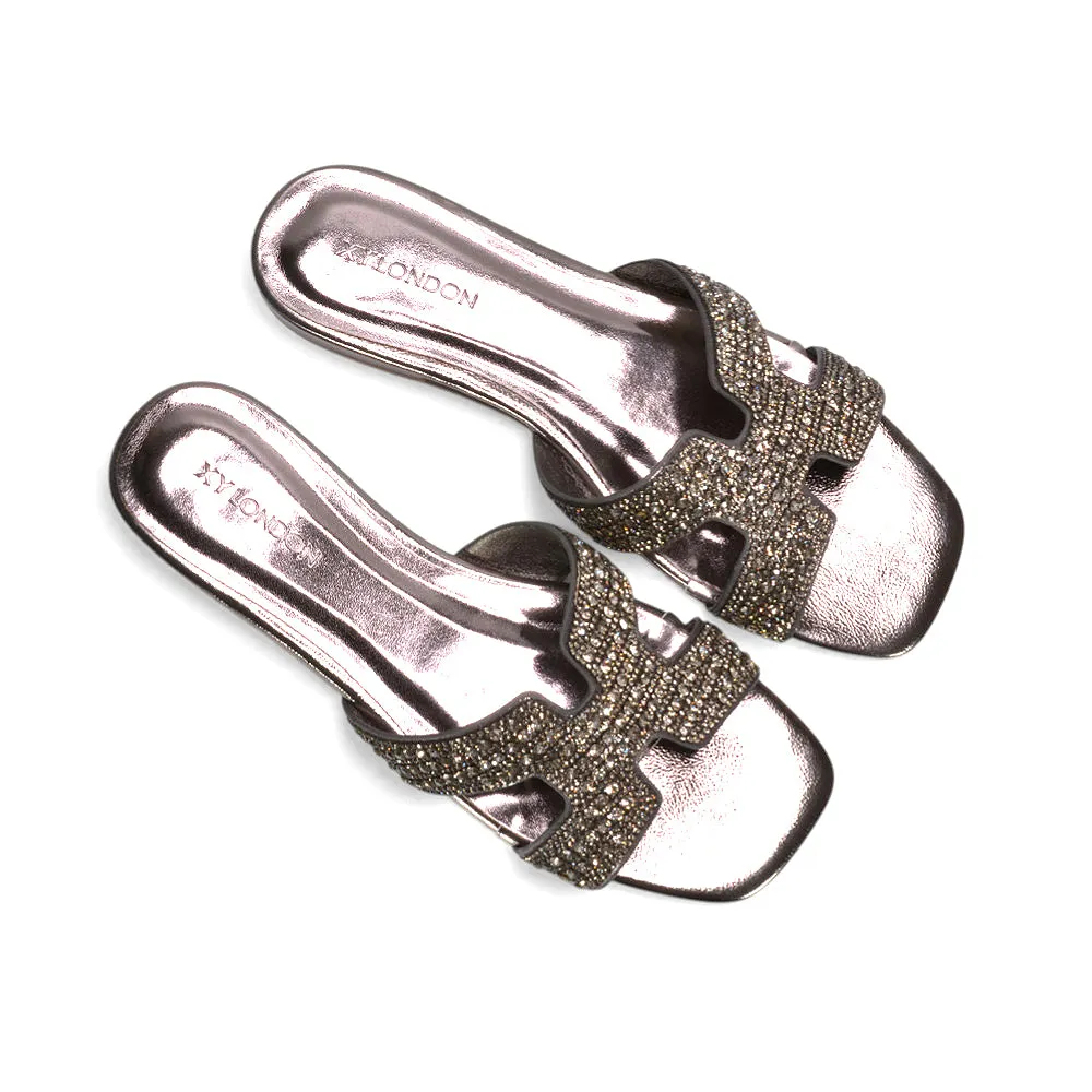Elanie Diamante Slip On Slider Cut Out Strap Flat Holiday Sandals in Pewter Metallic sold by XYlondon product image thumbnail 2