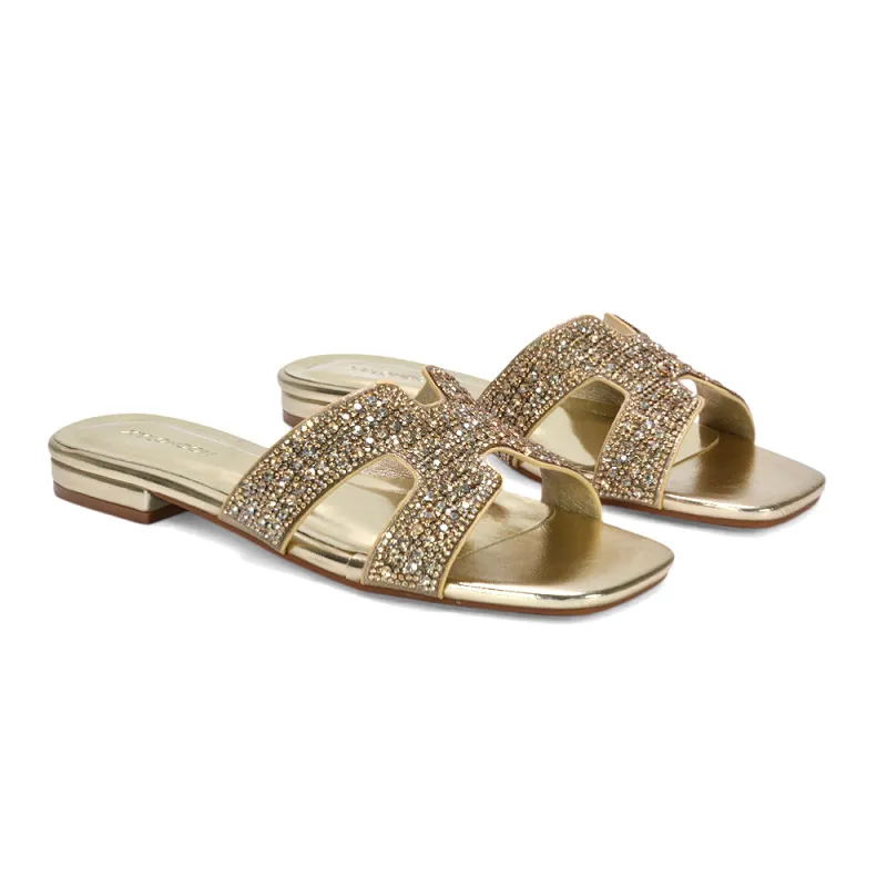 Elanie Diamante Slip On Slider Cut Out Strap Flat Holiday Sandals in Gold Metallic made by XYlondon