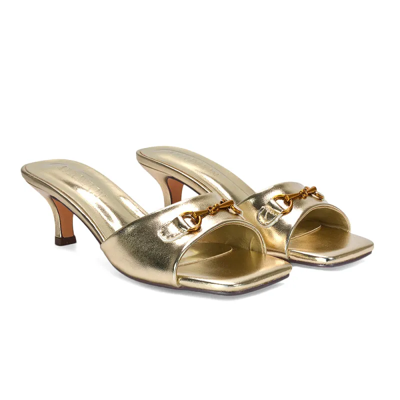 Toni Square Toe Mule Heeled Sandals With Decorative Buckle in Gold Metallic made by XYlondon