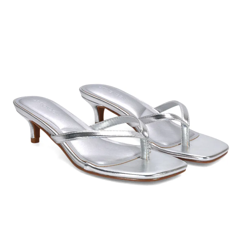 Violet Slip On Flip Flop Kitten Heel Mule Heeled Sandals in Silver Metallic made by XYlondon