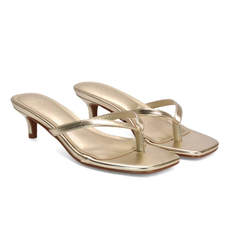 Violet Slip On Flip Flop Kitten Heel Mule Heeled Sandals in Gold Metallic made by XYlondon